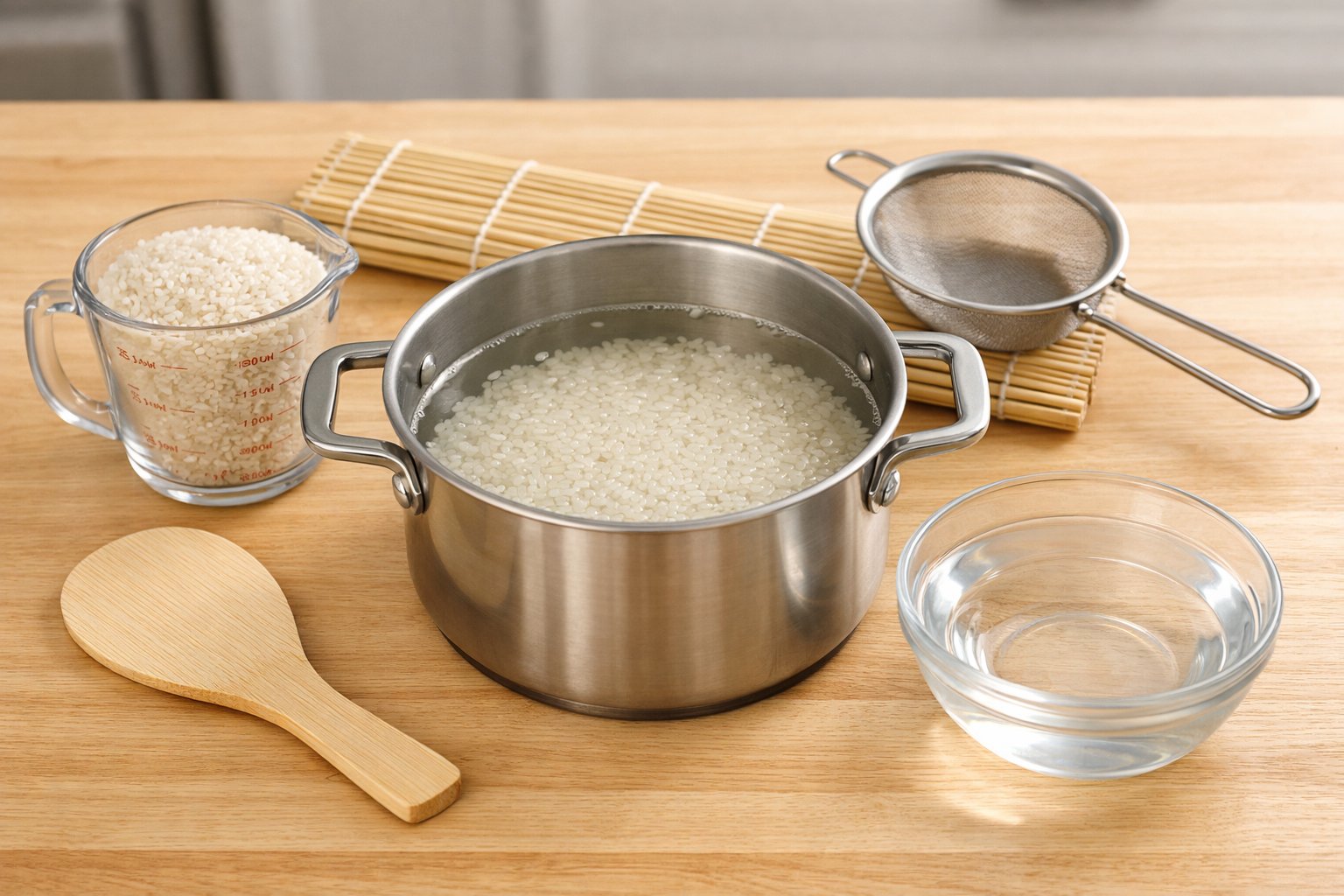 Kitchen countertop with a pot of rice and water, wooden rice paddle, measuring cup with sushi rice, bamboo sushi rolling mat, and a bowl of water arranged neatly.