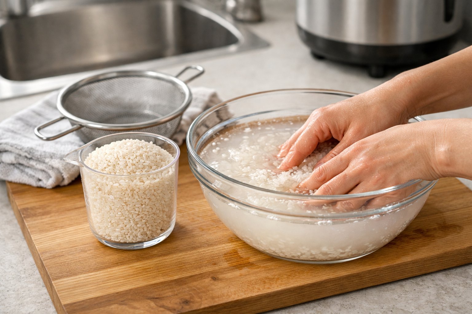 Hands rinsing sushi rice in a glass bowl on a kitchen countertop with measuring cup and sieve nearby.