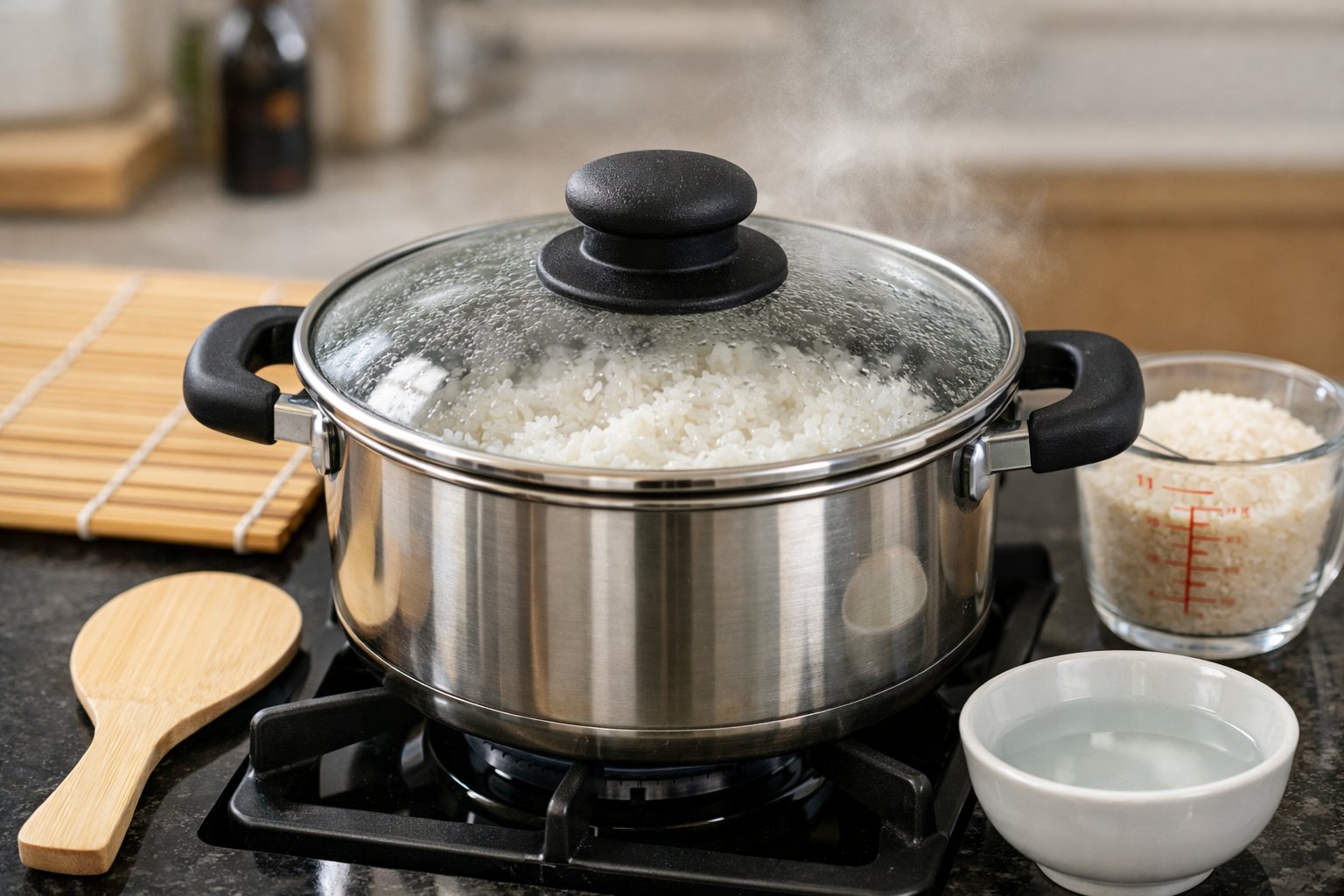 A pot of rice boiling on a stovetop with sushi preparation items nearby in a clean kitchen.