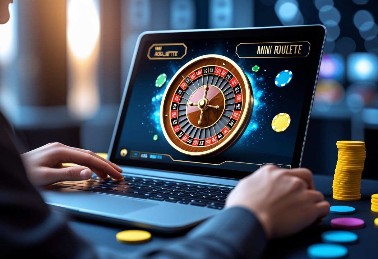 A person playing mini roulette on a laptop with colorful chips around the virtual roulette wheel.