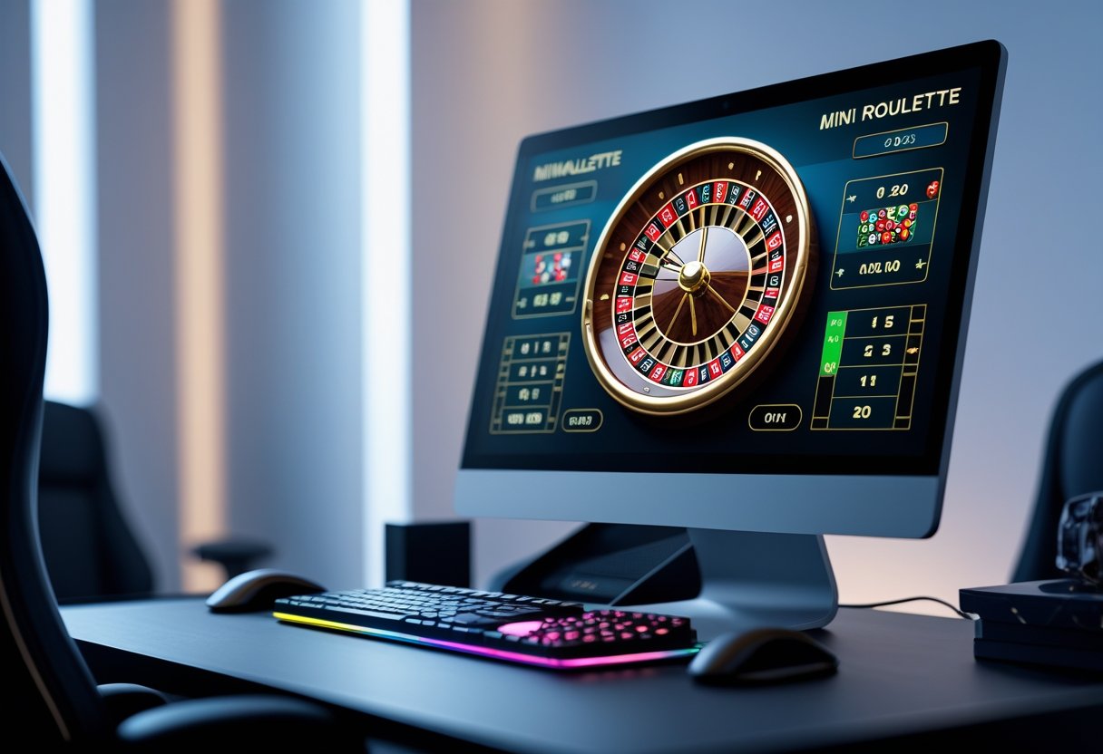 A computer monitor displaying a digital mini roulette game with a sleek roulette wheel and gaming setup.