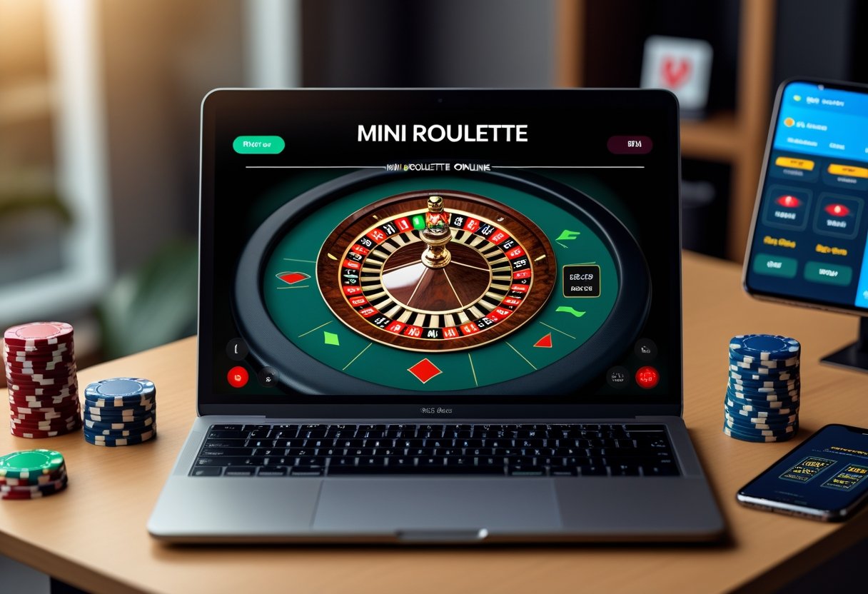 A laptop displaying a digital mini roulette wheel with poker chips and a smartphone nearby in a bright home setting.