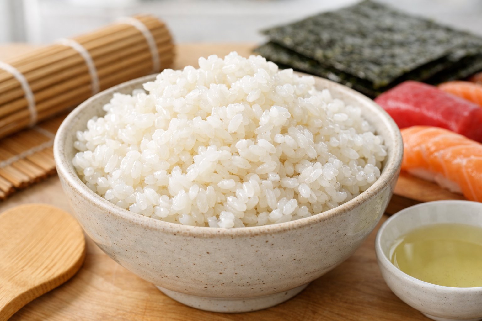 A close-up of a bowl of sticky sushi rice with sushi-making ingredients around it on a kitchen surface.