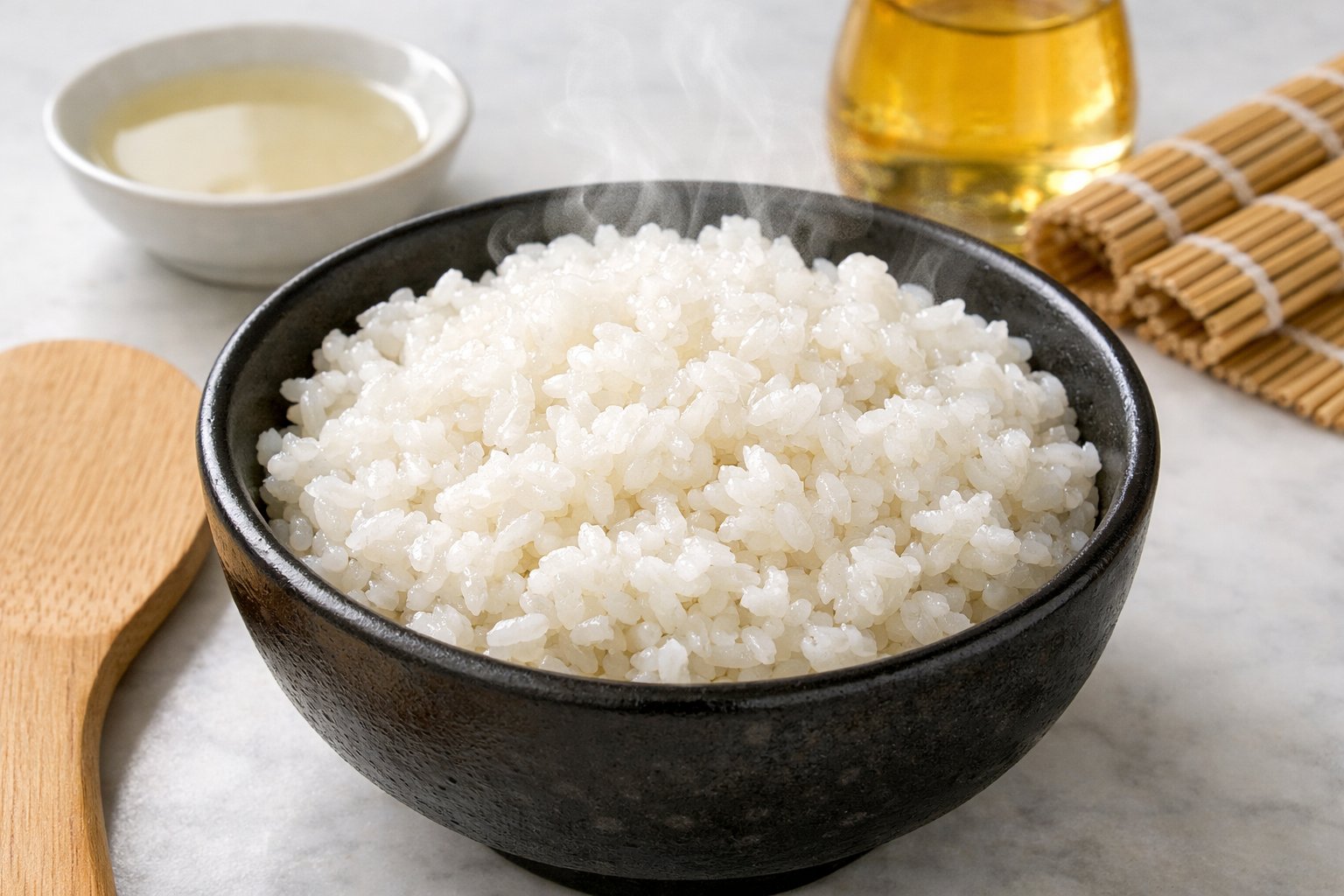 A bowl of steaming sushi rice with a wooden rice paddle and ingredients on a kitchen countertop.