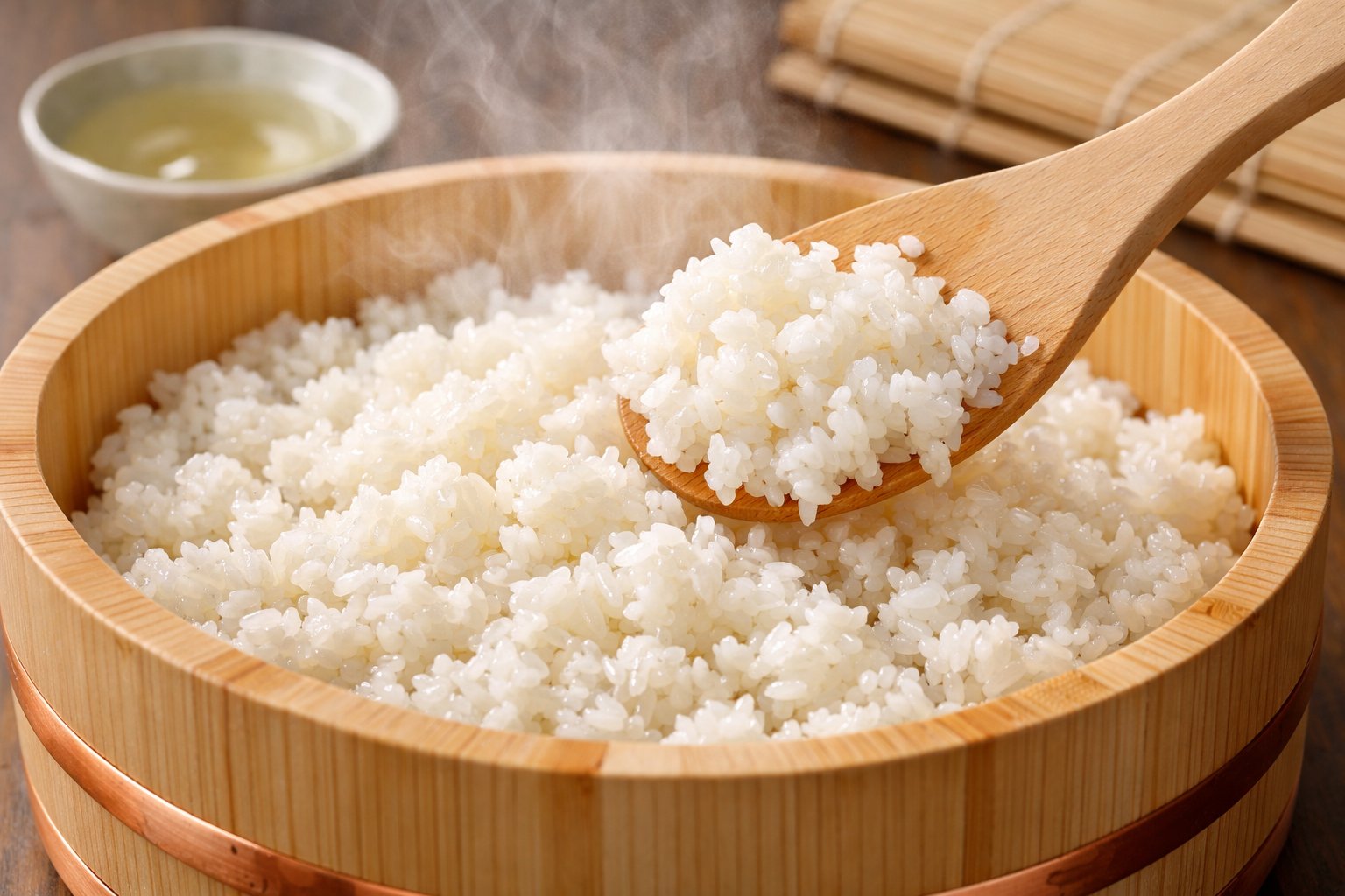 Close-up of freshly cooked sushi rice being mixed in a wooden tub with a wooden paddle, showing sticky, glossy rice grains.