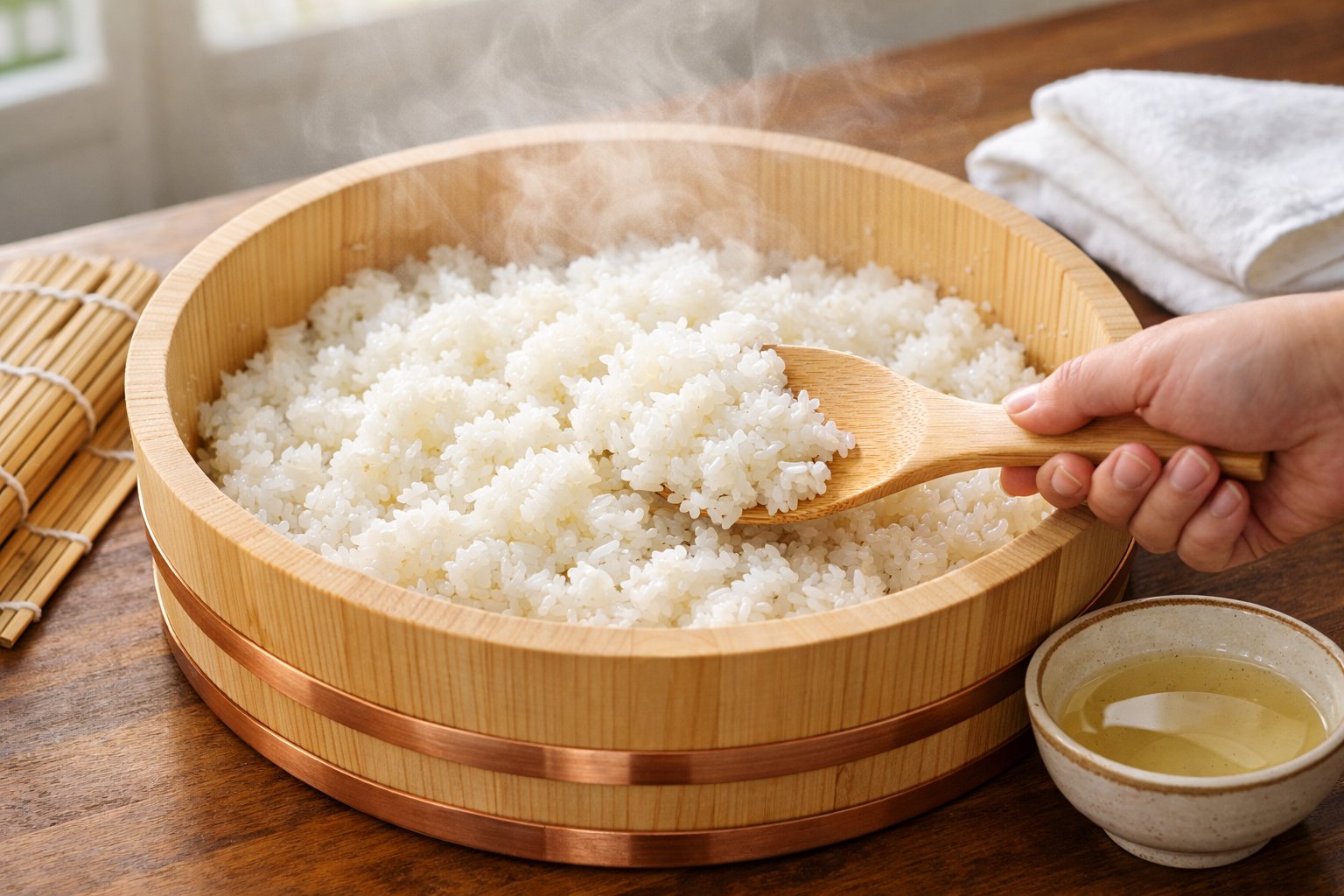 Close-up of freshly cooked sushi rice being mixed in a wooden bowl with a wooden paddle, surrounded by sushi-making tools in a bright kitchen.