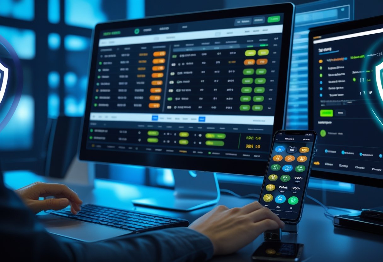 A person using a computer and smartphone showing sports betting apps with digital security icons on the screen.