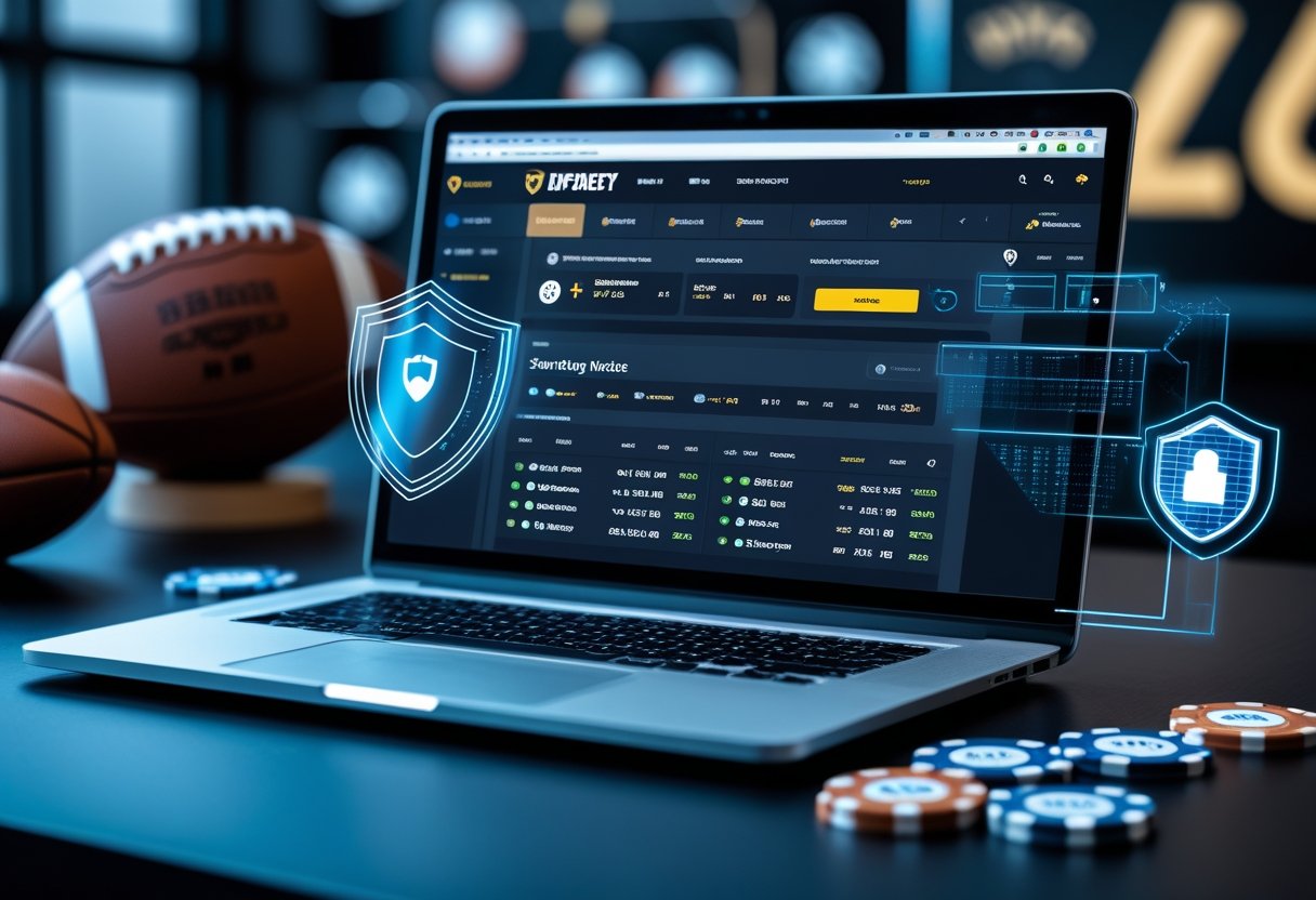 A workspace with a computer displaying a sports betting website, surrounded by sports items and digital security symbols.