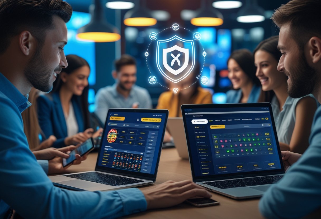 People using laptops and smartphones to place sports bets and play casino games online with digital security icons visible on screens.