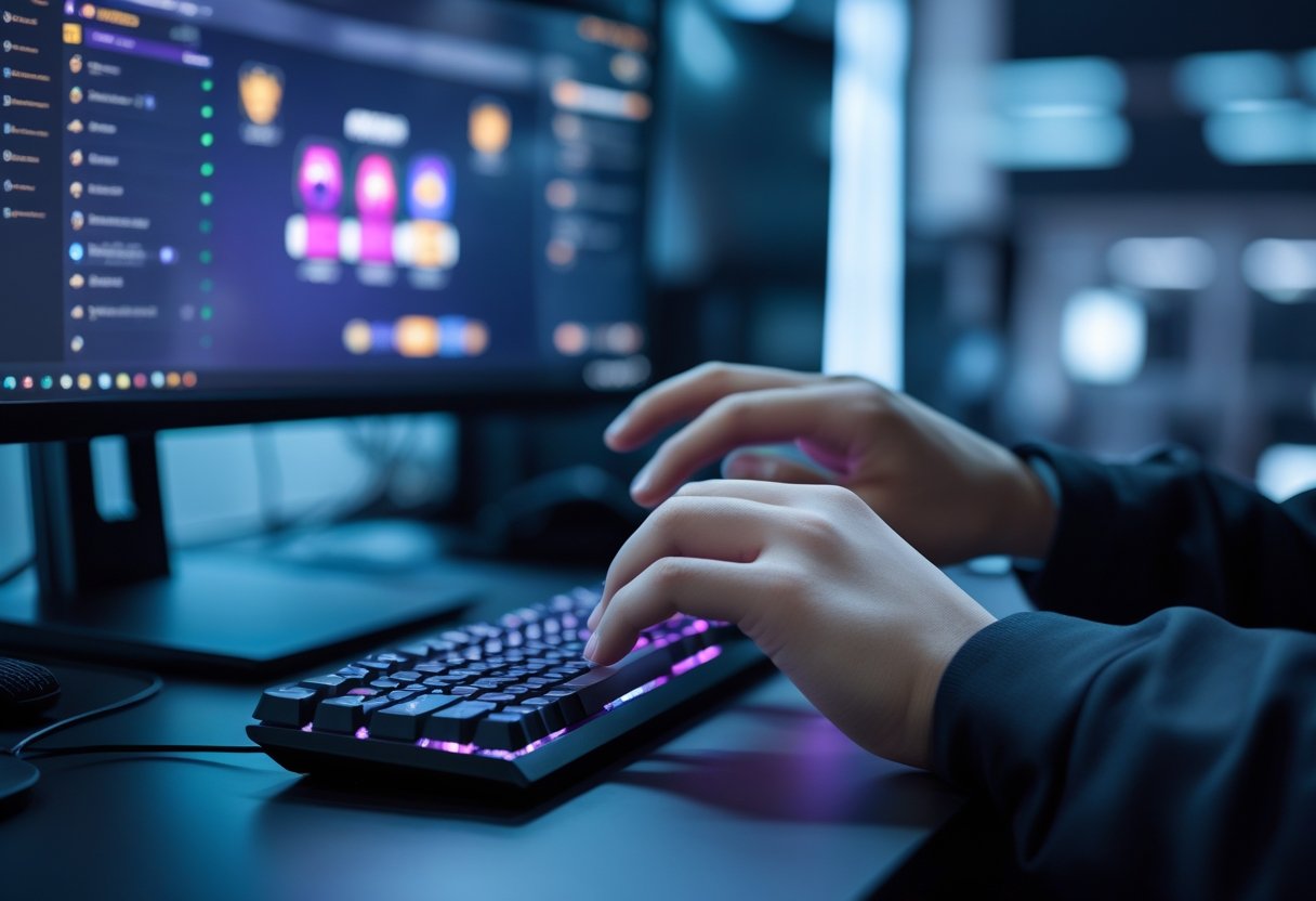 Close-up of hands using a computer with virtual gaming items displayed on the screen.