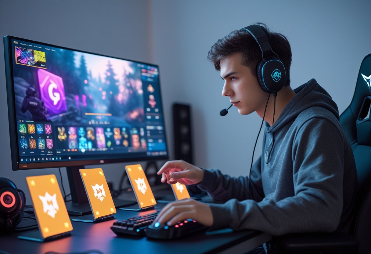 A young adult gamer focused on a computer screen displaying a video game with virtual in-game items, sitting at a modern gaming desk with gaming accessories.