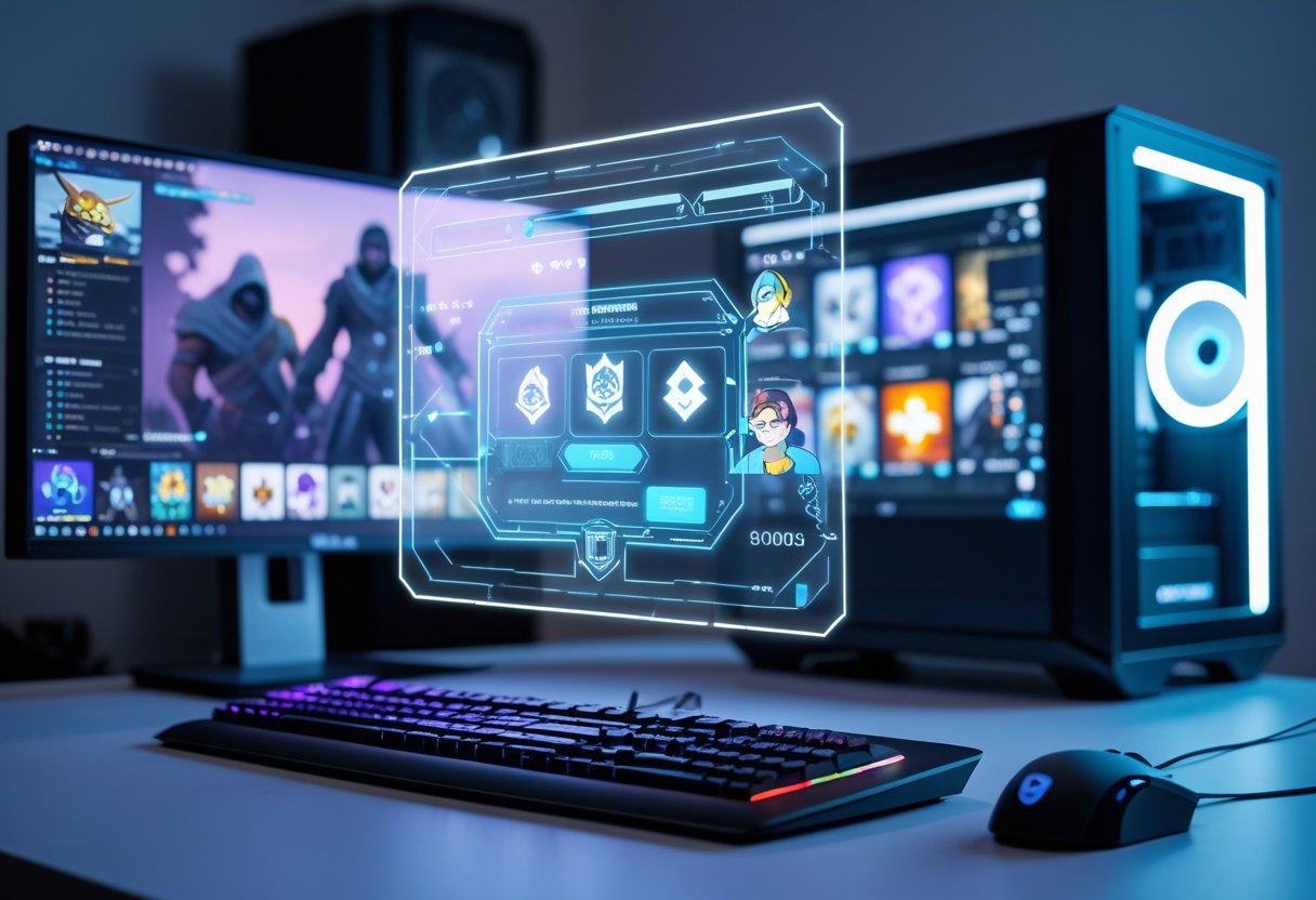 A gaming computer setup showing a video game with character skins and a digital interface representing virtual items being exchanged or wagered.