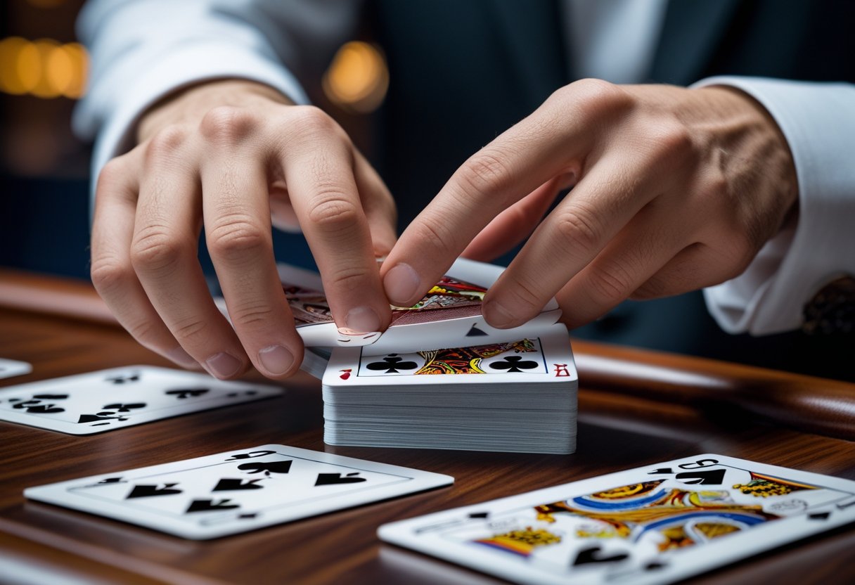 Hands expertly shuffling a deck of playing cards over a wooden table.