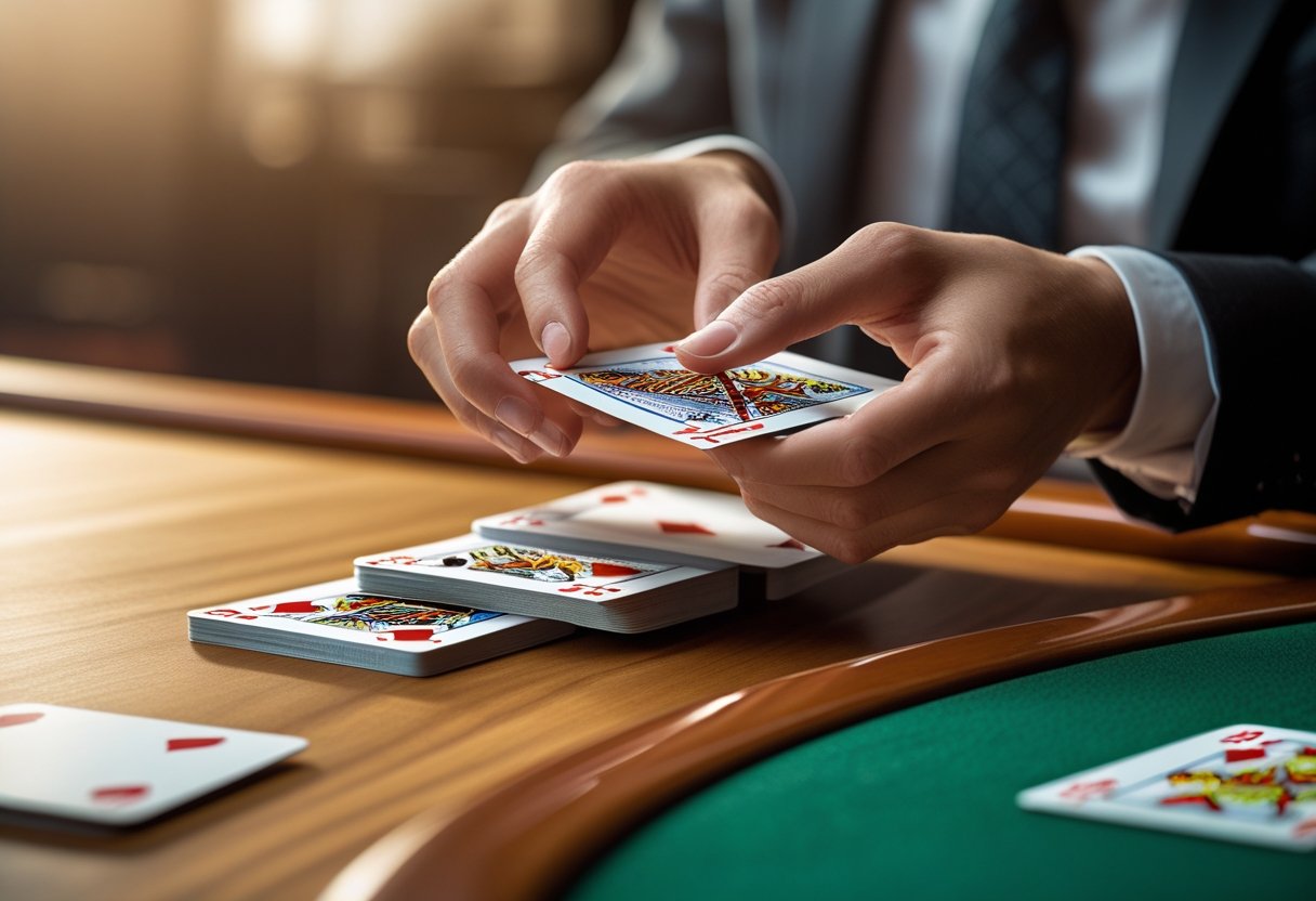 Close-up of hands skillfully shuffling a deck of playing cards over a wooden table.