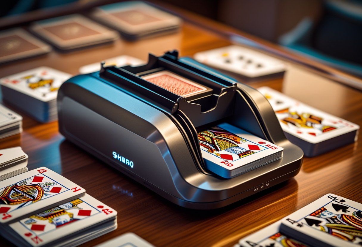A professional card shuffler on a wooden table shuffling playing cards with decks arranged nearby.