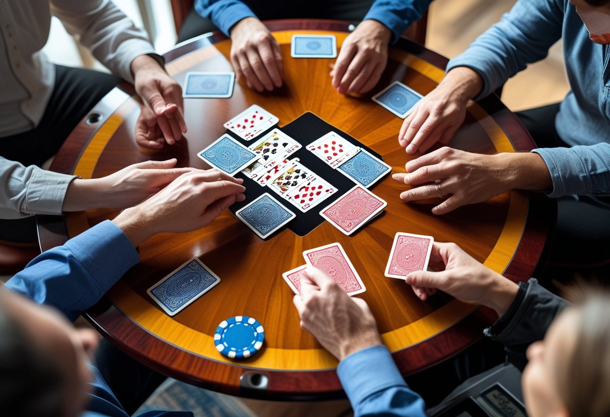 Overhead view of a Pontoon card game with players' hands holding cards and poker chips on a wooden table.