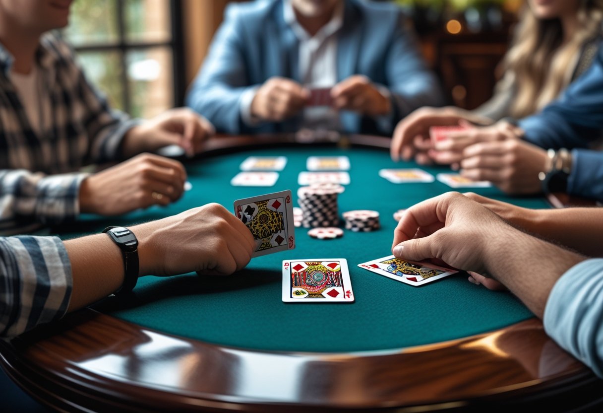 Close-up of people playing a pontoon card game with cards and chips on a wooden table.