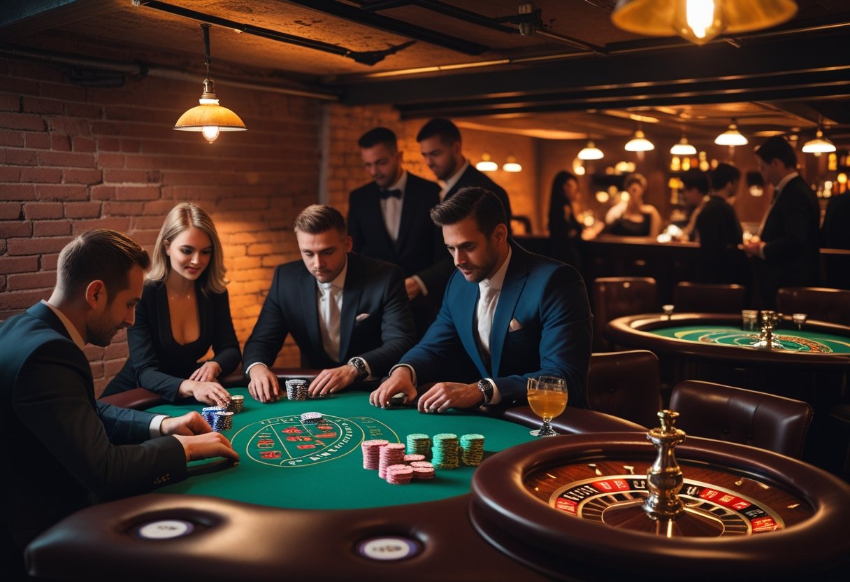 People playing poker and roulette in a dimly lit underground casino room with exposed brick walls and warm lighting.