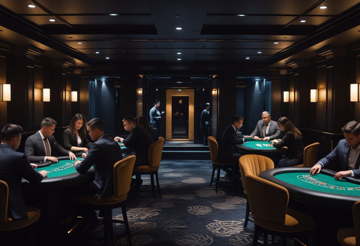 People playing cards at tables in a dimly lit underground casino with elegant furnishings.