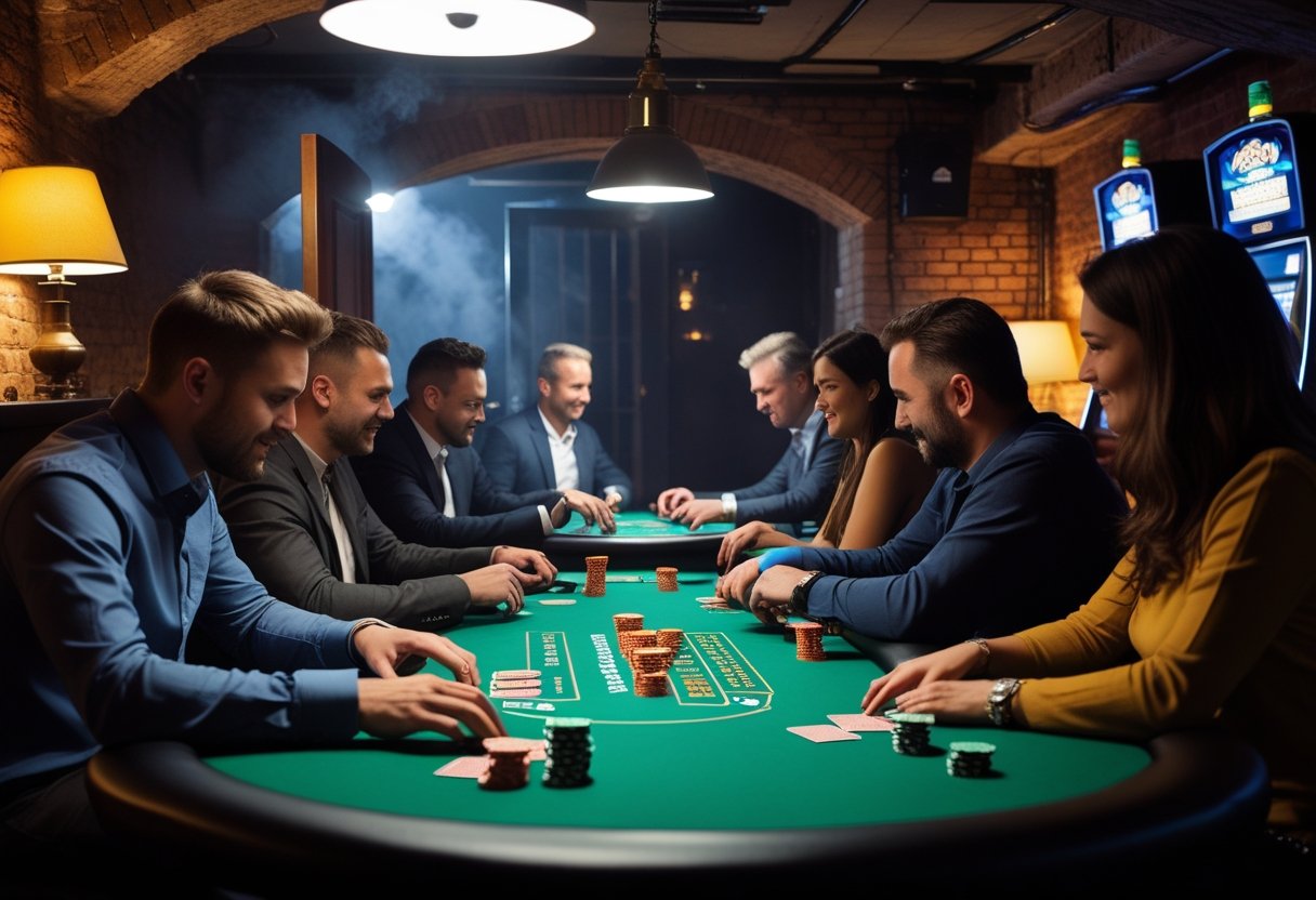People playing poker and blackjack around a green felt table in a dimly lit underground casino room with exposed brick walls and warm lighting.