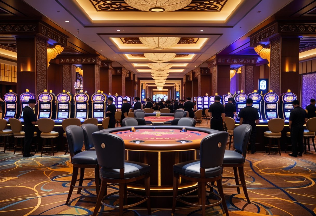 Interior of a Malaysian casino with gaming tables, slot machines, and people playing games.