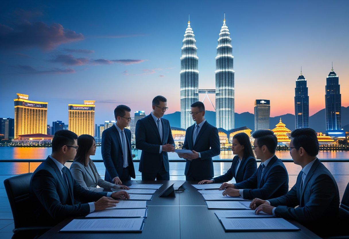 A group of professionals discussing legal documents in a conference room with a city skyline featuring illuminated casino buildings in the background.
