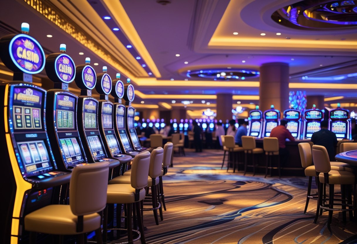 Interior of a busy land-based casino in Malaysia with slot machines, gaming tables, dealers, and players.
