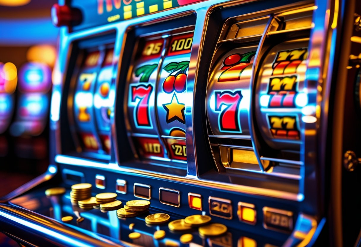 A coin slot machine with coins dropping into the slot and colorful symbols on the reels.