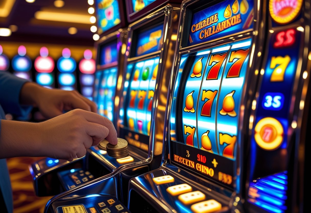 A close-up of a coin slot machine with a hand inserting a coin, showing colorful reels and bright lights.