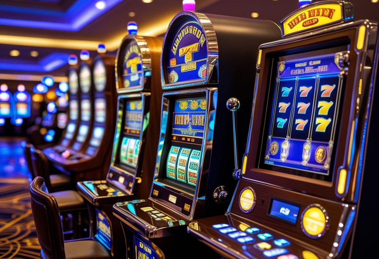 A row of three slot machines showing their design changes over time, from an old mechanical model to a modern digital machine, displayed on a casino floor.