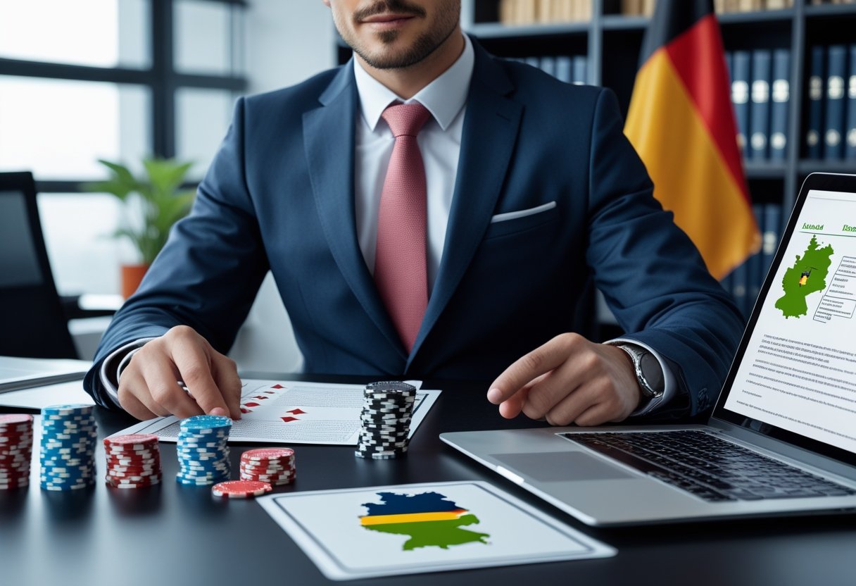 A businessperson reviewing legal documents about poker regulations with poker chips, cards, and a laptop showing a map of Germany in a modern office.