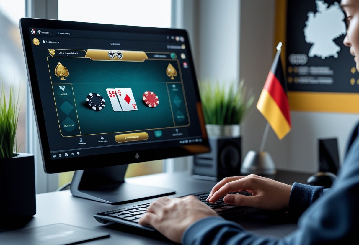 A person playing online poker on a computer with German-themed decorations in the background.