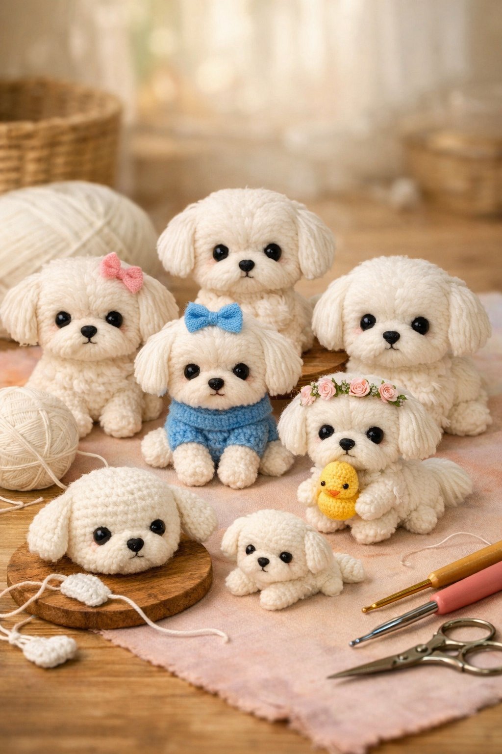 Several small crocheted Maltese dog dolls displayed with yarn and crochet hooks on a wooden table.