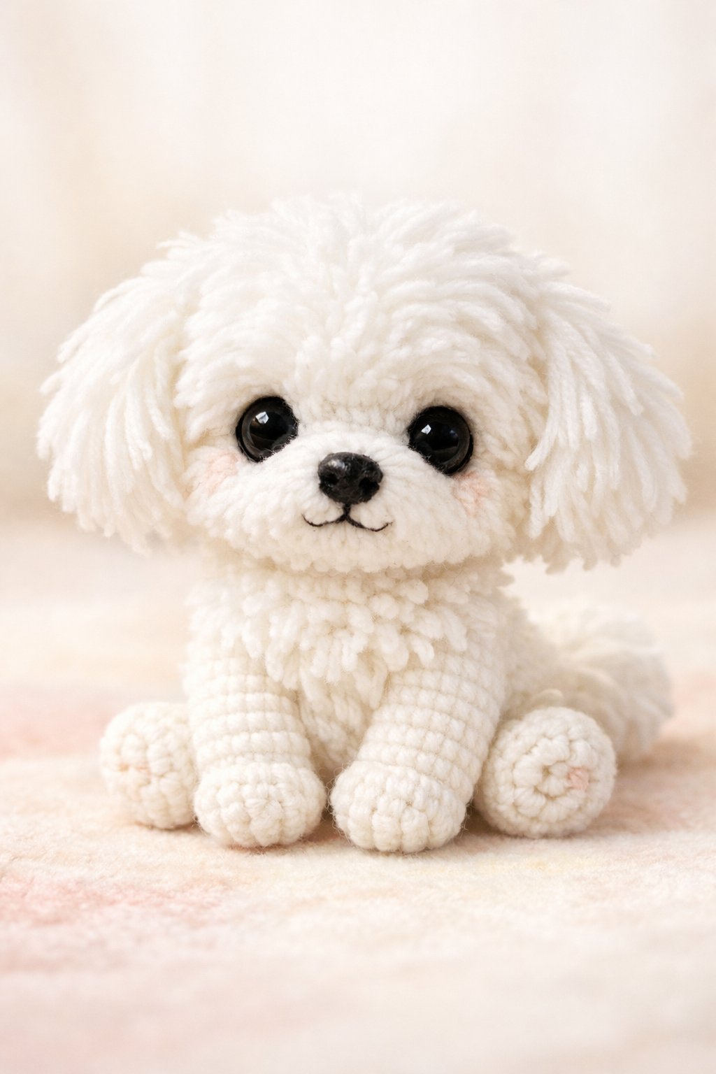 A small white Maltese crochet doll sitting on a soft surface with a friendly expression.
