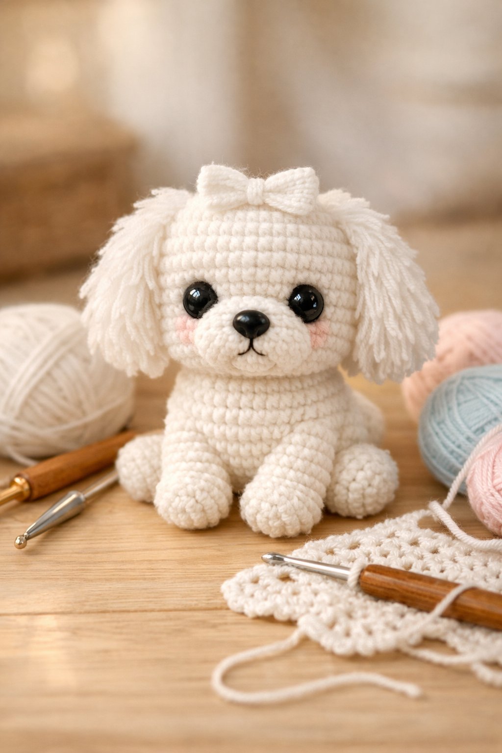 A crocheted Maltese dog plush toy sitting on a wooden surface with yarn and crochet tools around it.
