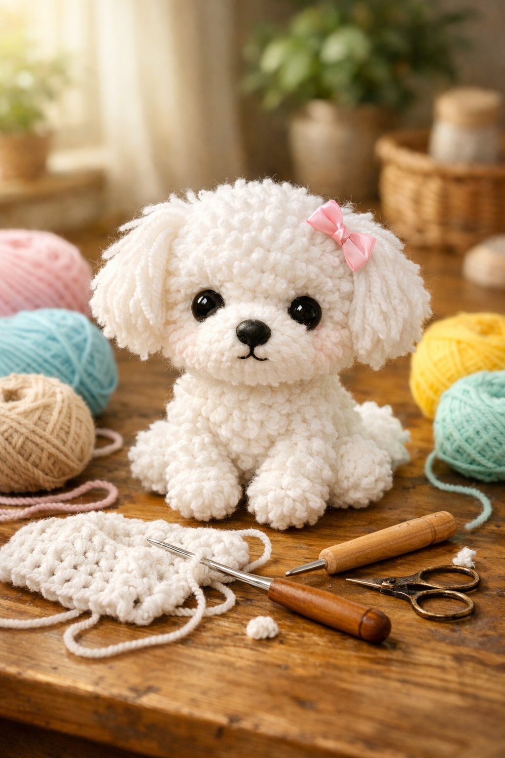 A crocheted Maltese dog toy sitting on a table surrounded by yarn and crochet tools in a cozy crafting space.