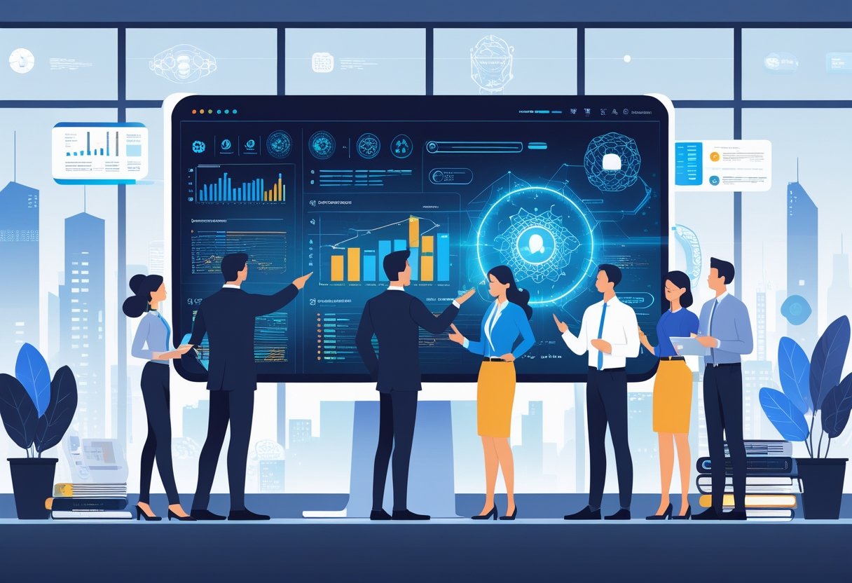 A team of professionals collaborating around a digital display showing charts and AI symbols, planning a business strategy in a modern office.