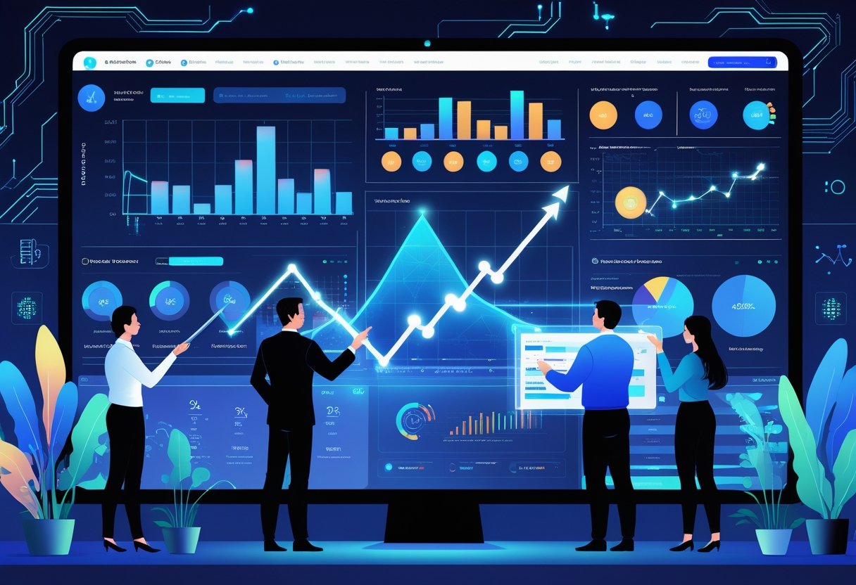 Business professionals collaborating around a digital dashboard showing charts and AI-powered analytics in an office setting.