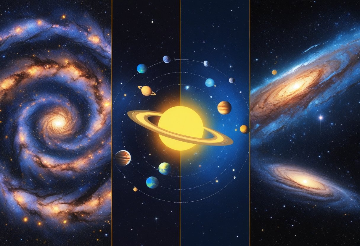 An illustration showing a spiral galaxy, a solar system with a sun and orbiting planets, and a vast universe with many galaxies and stars.