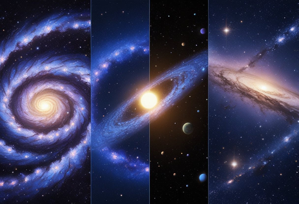 A visual comparison showing a spiral galaxy, a solar system with a sun and orbiting planets, and the vast universe filled with many galaxies in space.