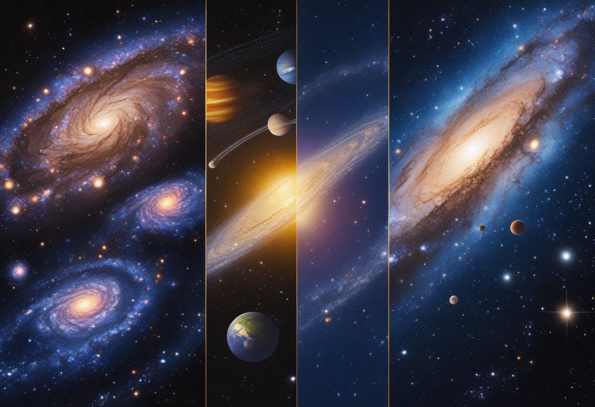 A visual comparison showing a spiral galaxy, a solar system with a sun and orbiting planets, and a wide view of the universe with multiple galaxies and stars.