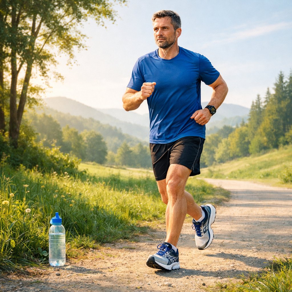 A person in their 40s running outdoors on a path surrounded by trees and hills, wearing running clothes and shoes.