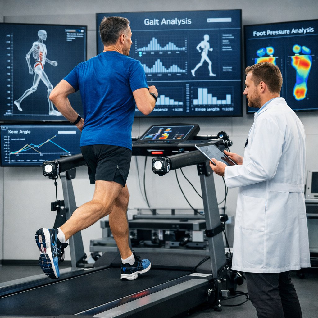 A middle-aged runner on a treadmill being observed by a sports therapist during a gait analysis session in a sports clinic.
