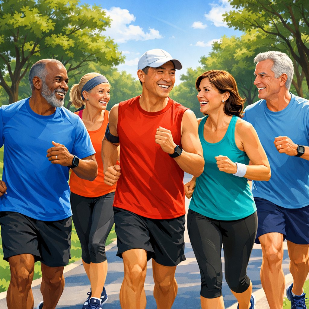 A group of middle-aged men and women running together on a sunny park path, smiling and encouraging each other.