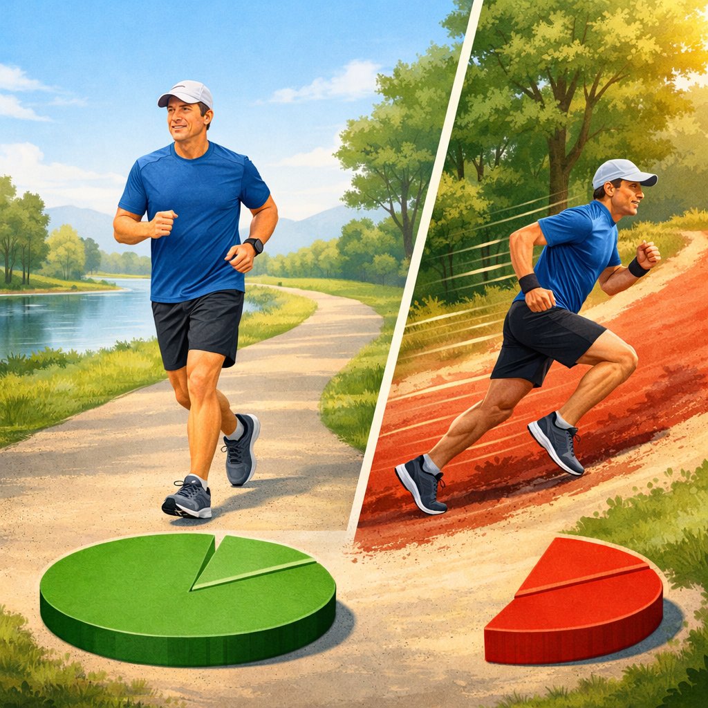 A middle-aged person running on a park trail with sections showing easy and hard running, surrounded by trees and sunlight.
