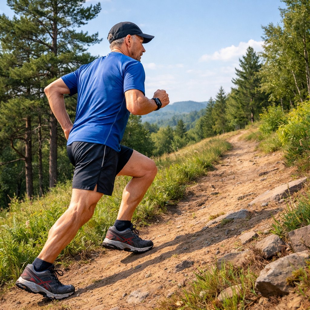 A mature runner training uphill on a nature trail, demonstrating proper running form for joint protection.