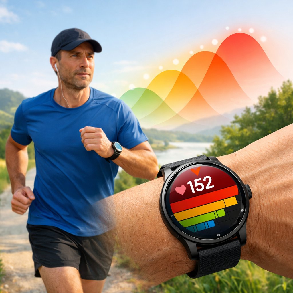 A mature runner jogging outdoors wearing a heart rate monitor watch showing heart rate zones, surrounded by nature on a clear day.