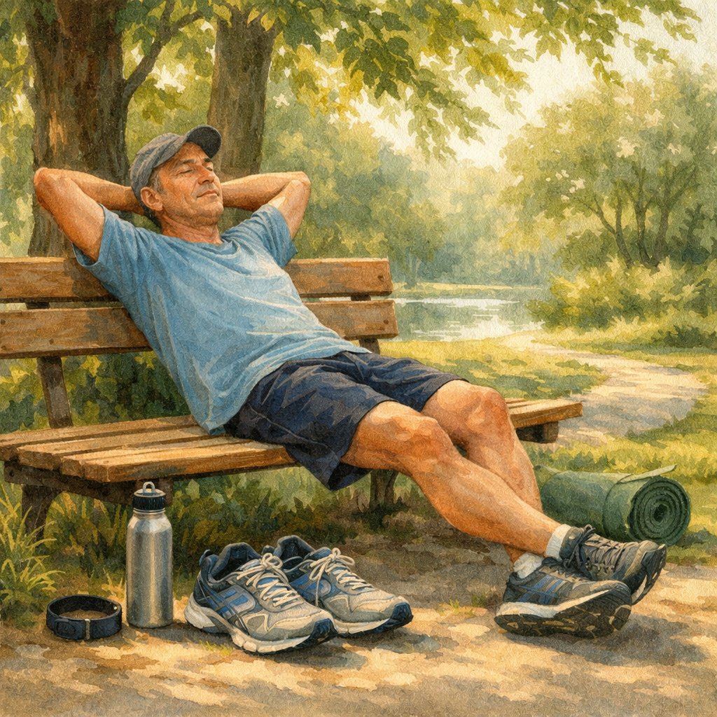 A middle-aged runner resting on a park bench surrounded by trees and running gear, illustrating a day of true rest.