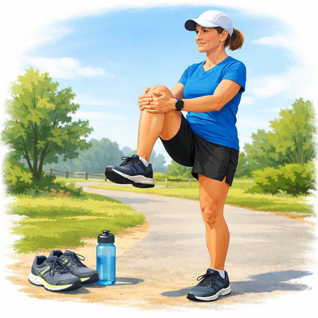 A middle-aged person performing mobility stretches outdoors on a running trail, preparing to prevent injuries.