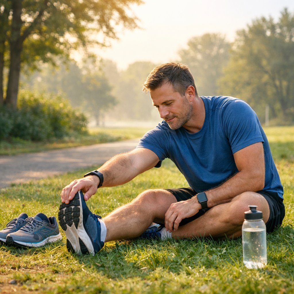 A mature runner stretching outdoors in a park during early morning after a run, preparing for cool-down.